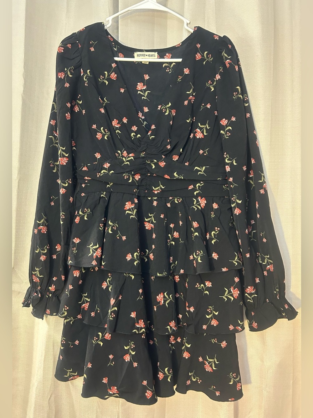 Inspired Hearts Black Floral Tiered Ruffle Mini Dress Long Sleeve V-Neck